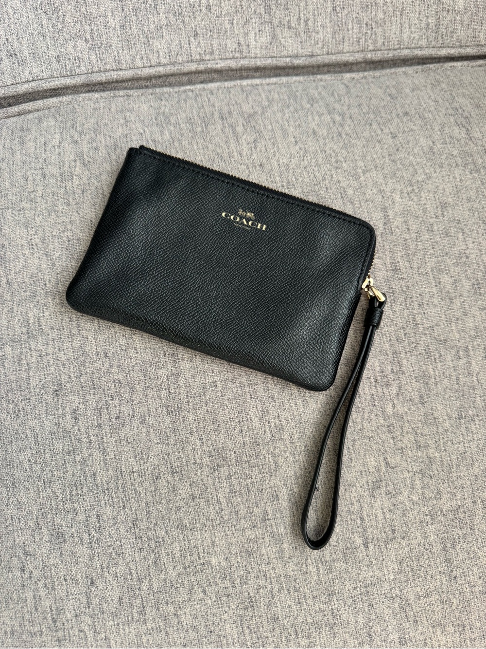 Coach Black Pebbled Leather Wristlet with Gold Logo
